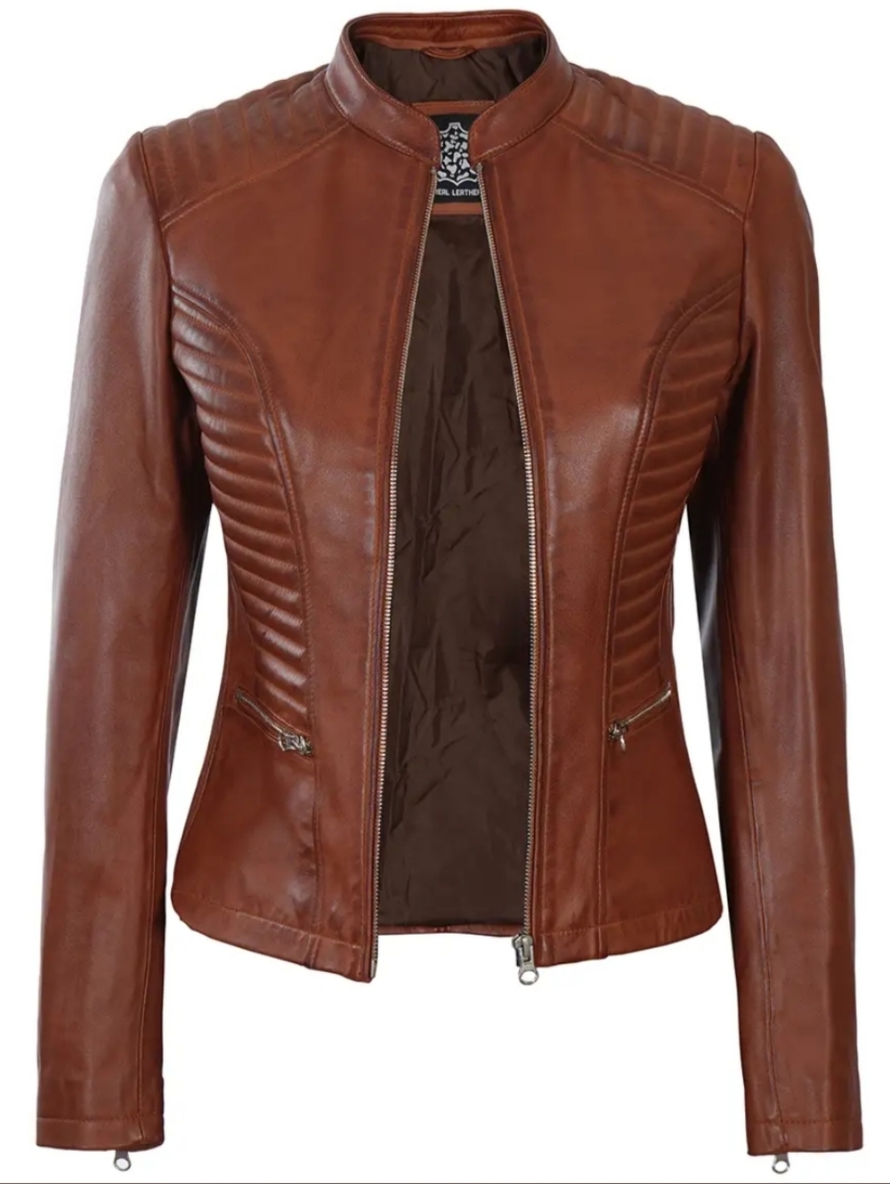 Cognac Brown Leather Moto Jacket Fitted Like New Women's M Classic Cafe Racer